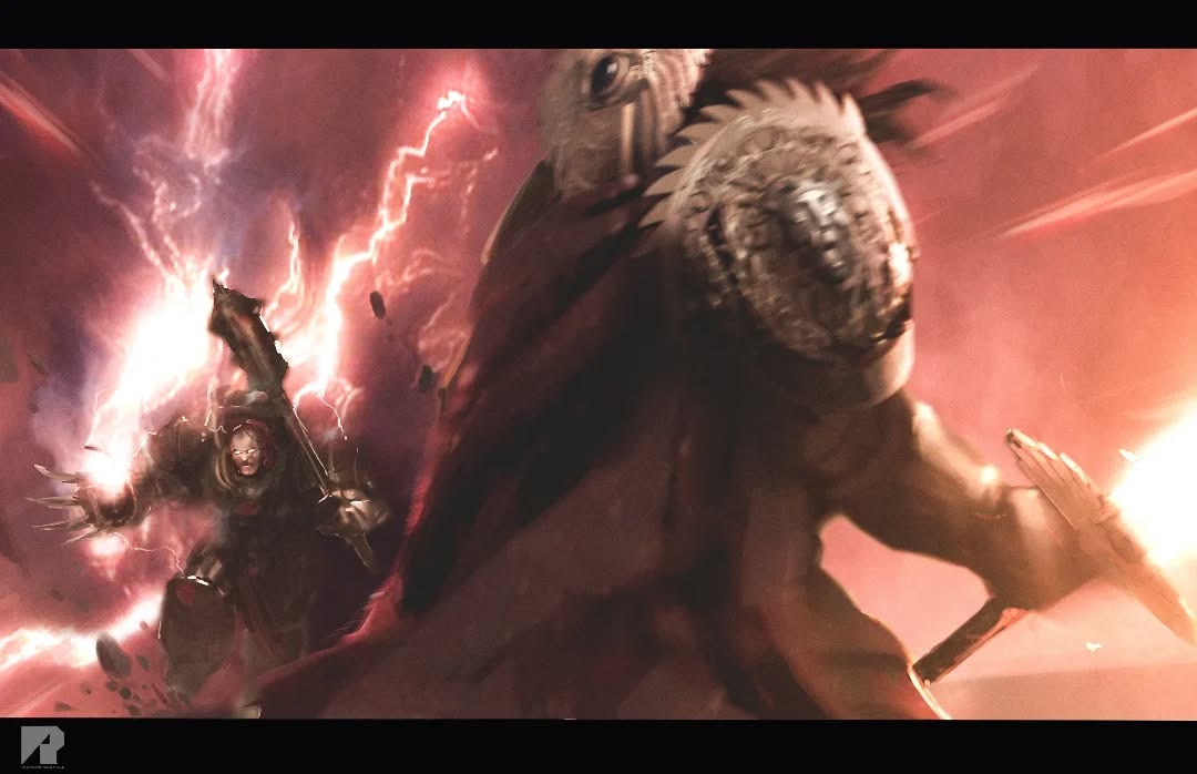 2boys, armor, armored_boots, artist_logo, artist_name, bald, battle, black_armor