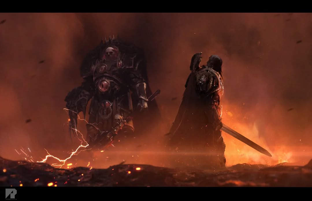 2boys, armor, armored_boots, artist_logo, artist_name, bald, battle, black_armor