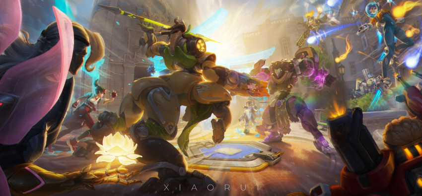 3boys, 4girls, absurdres, arm_cannon, artist_name, backlighting, bastion_(overwatch), bench