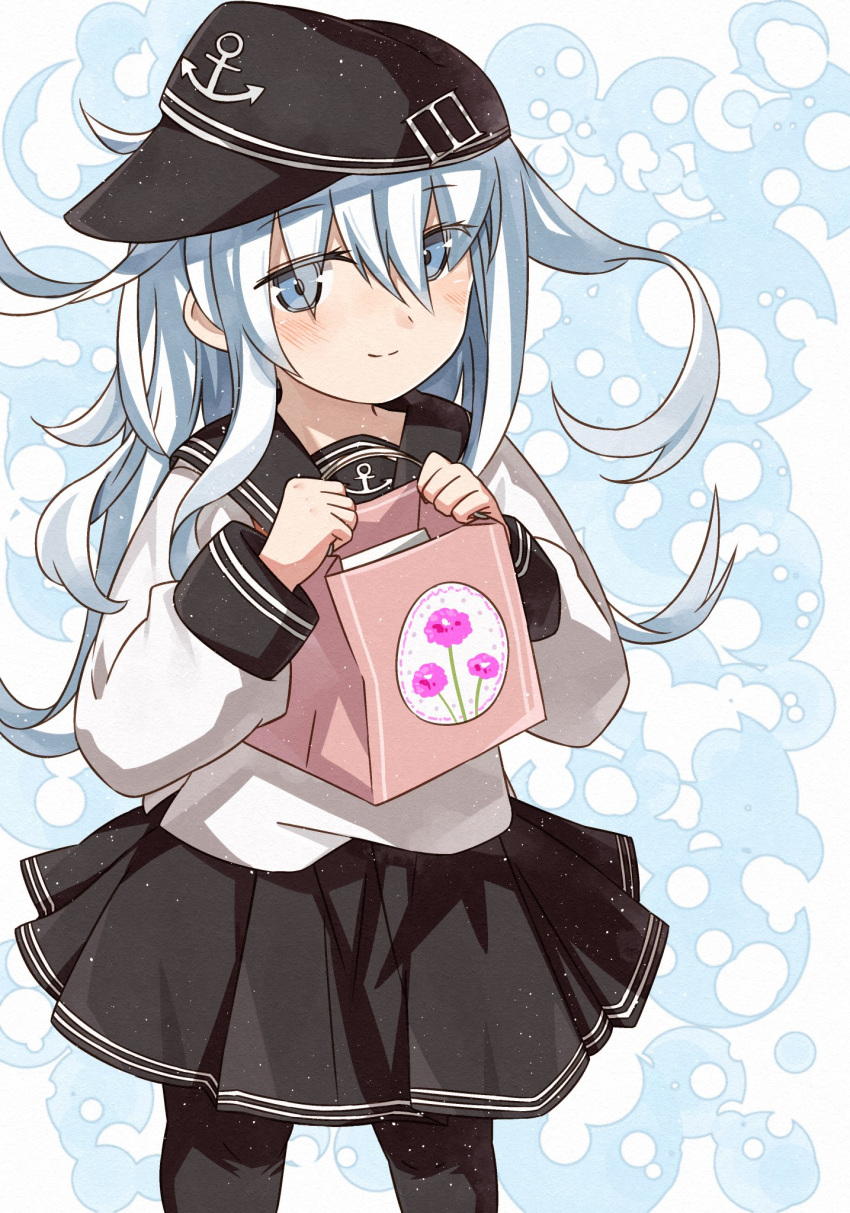 1girl, anchor_symbol, bag, black_hat, black_sailor_collar, black_skirt, black_thighhighs, blue_background, blue_eyes, blue_hair, blush, commentary_request, commission, cowboy_shot, flat_cap, hair_between_eyes, hat, hat_pin, hibiki_(kancolle), highres, holding, holding_bag, kanmiya_shinobu, kantai_collection, long_hair, long_sidelocks, long_sleeves, looking_at_viewer, neckerchief, pleated_skirt, red_neckerchief, sailor_collar, shirt, sidelocks, skeb_commission, skirt, smile, solo, standing, thigh-highs, very_long_hair, white-backed_woodpecker, white_shirt