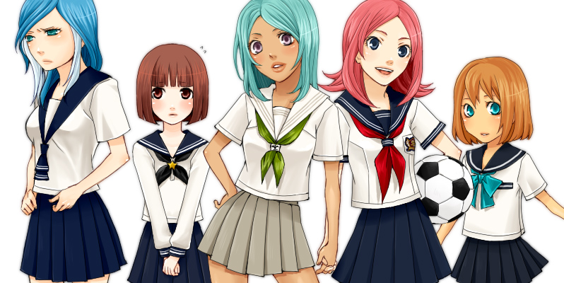 5girls, araya_konko, ball, blue_eyes, blue_hair, blush_stickers, brown_eyes, brown_hair