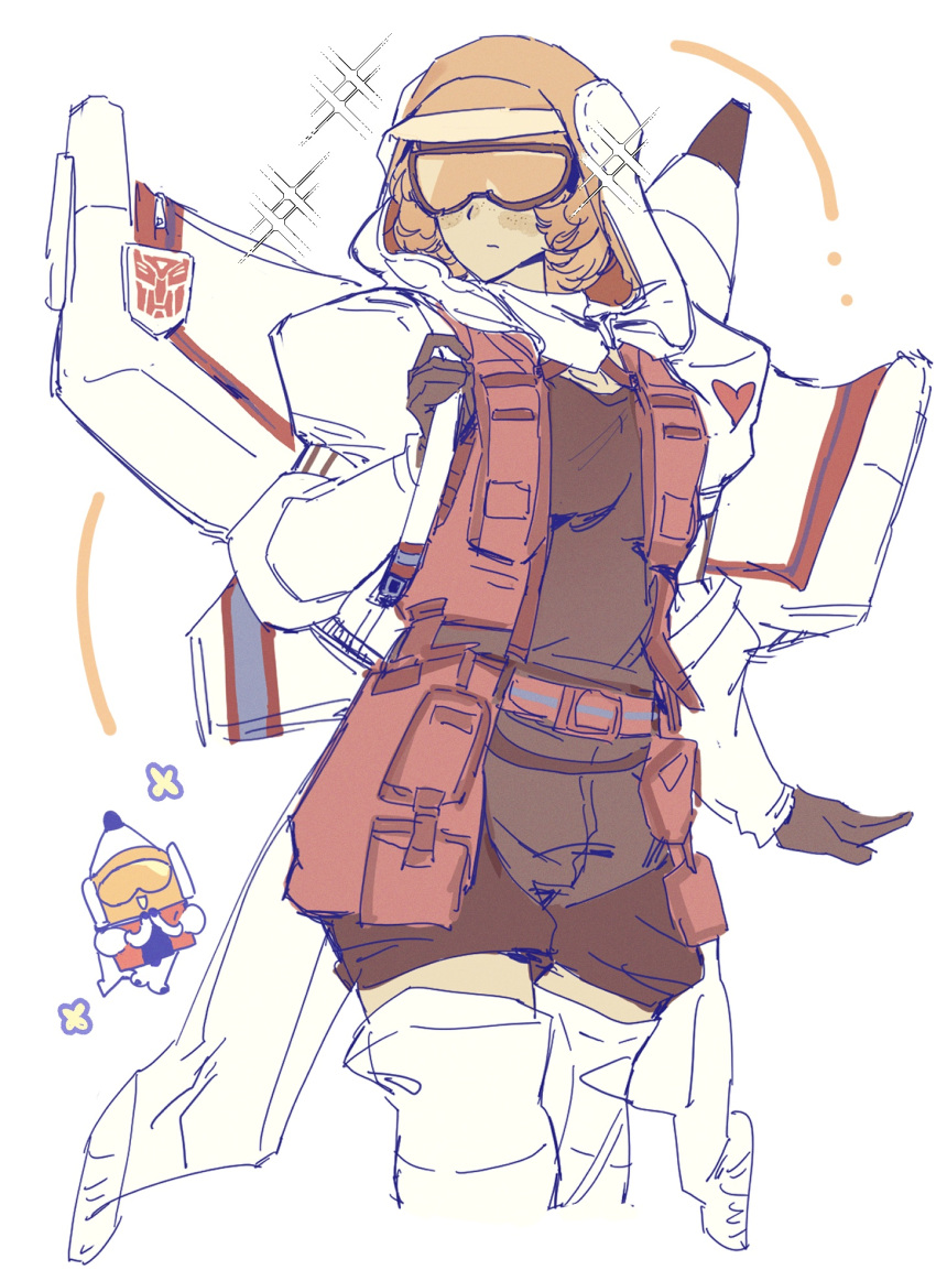 1girl, autobot, black_gloves, black_shirt, black_shorts, blush, boots, chibi