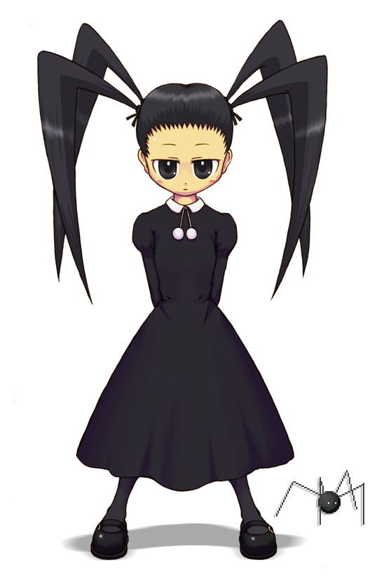 1girl, al_mn, arms_behind_back, black_dress, black_eyes, black_hair, black_pantyhose, black_ribbon, black_shoes, blush, closed_mouth, collared_dress, commentary_request, drawstring, dress, expressionless, full_body, hair_ribbon, kirby's_dream_land_3, kirby_(series), legs_apart, long_hair, long_sleeves, mariel_(kirby), pantyhose, personification, pom_pom_(clothes), pom_pom_drawstring, quad_tail, reference_inset, ribbon, shoes, simple_background, sprite, standing, white_background