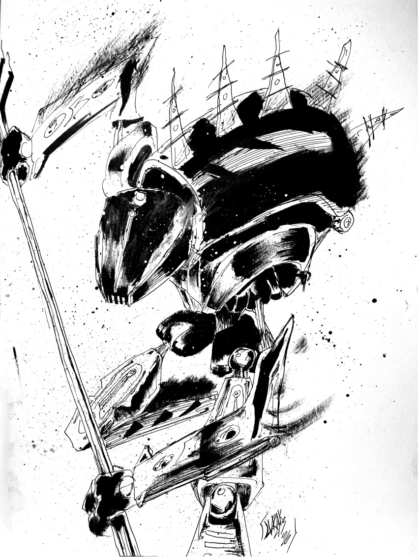 absurdres, artist_name, bionicle, commentary, english_commentary, greyscale, highres, holding