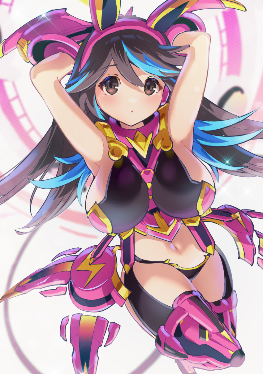 1girl, absurdres, armpits, arms_up, battle_nuko, black_eyes, black_hair, blush, breasts, commentary_request, highres, long_hair, mecha_musume, messy_hair, midriff, navel, nyanko_daisensou, presenting_armpit, solo, thighs, thundia_(nyanko_daisensou)