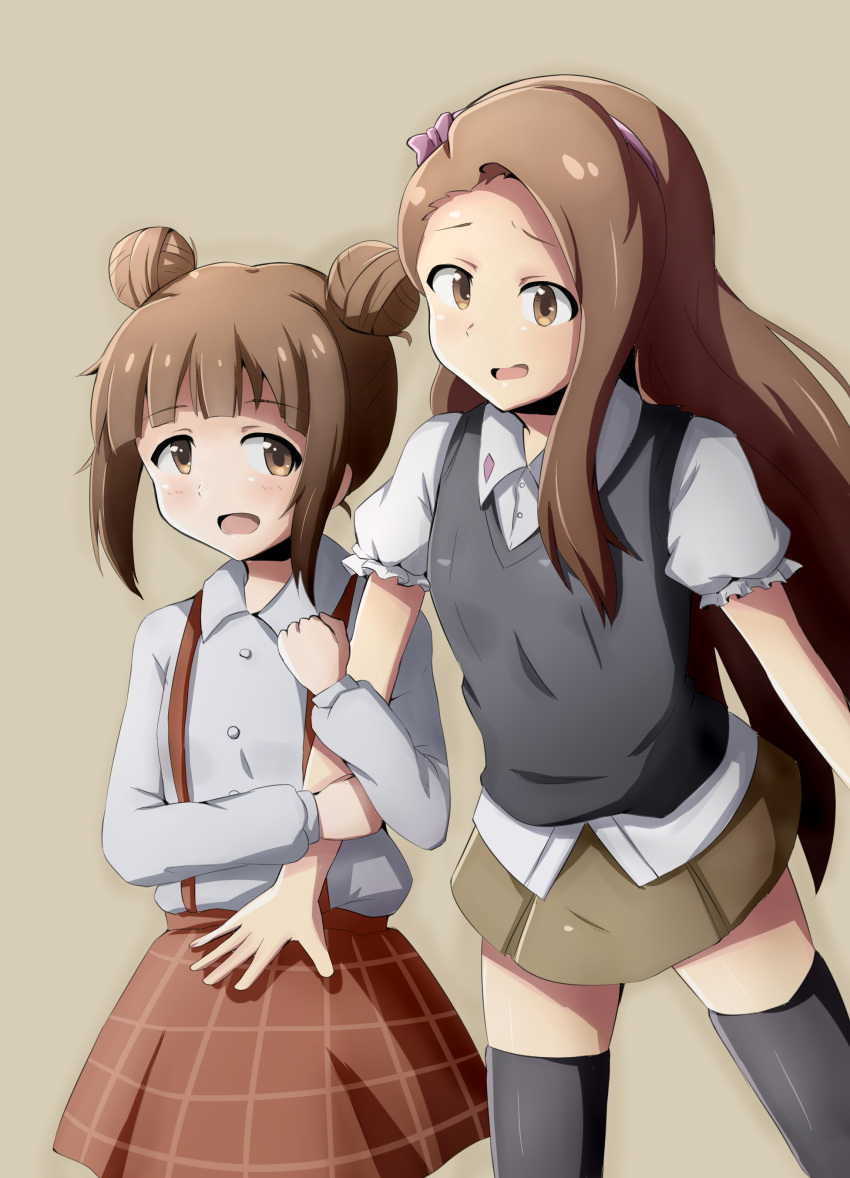 absurdres, arm_grab, blush, brown_eyes, brown_hair, child, double_bun, hairband