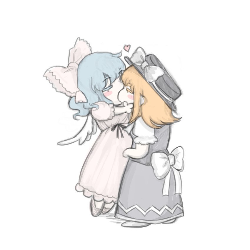 2girls, back_bow, black_dress, black_hat, black_shoes, blonde_hair, blue_hair, blush