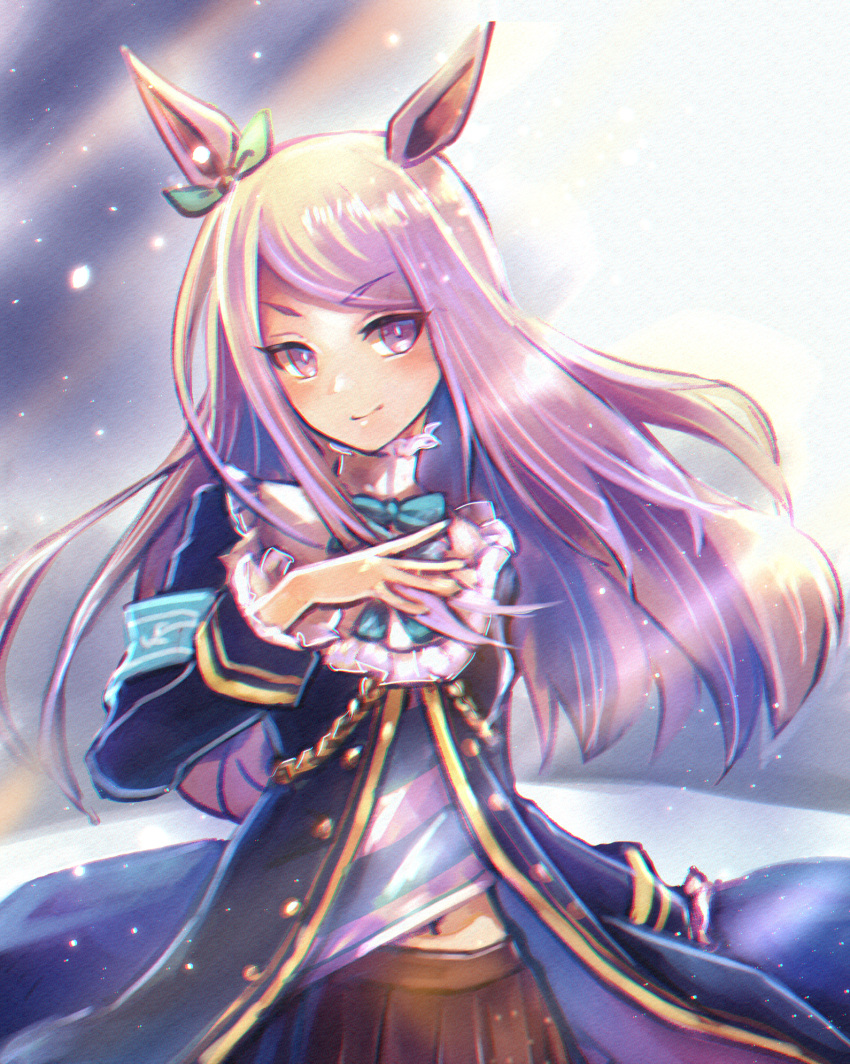1girl, animal_ears, aqua_bow, black_jacket, black_skirt, blush, bow, bowtie