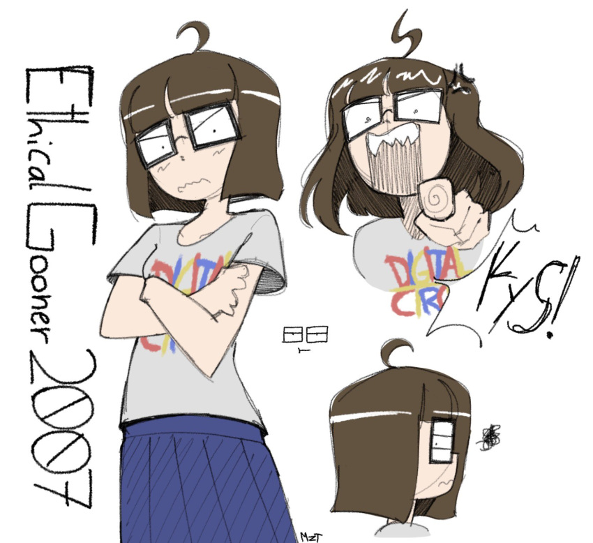 1girl, :t, ahoge, angry, annoyed, artist_name, black-framed_eyewear, blue_skirt, blunt_bangs, blunt_ends, blush, bob_cut, borrowed_character, breasts, brown_hair, character_name, closed_mouth, clothes_writing, collarbone, commentary, cropped_torso, crossed_arms, dot_pupils, english_commentary, ethicalgooner2007, expressive_hair, fingerprint, from_side, frown, glasses, hatching_(texture), highres, light_blush, looking_at_viewer, loose_hair_strand, multiple_views, open_mouth, original, pleated_skirt, pointing, pointing_at_viewer, pout, reaching, reaching_towards_viewer, rectangular_eyewear, reference_sheet, sharp_teeth, shirt, short_hair, short_sleeves, shouting, signature, simple_background, sketch, skirt, small_breasts, solo_focus, speech_bubble, spoken_squiggle, squiggle, st4rgaze_mzt, t-shirt, teeth, the_amazing_digital_circus, unamused, v-shaped_eyes, wavy_mouth, white_background, white_shirt