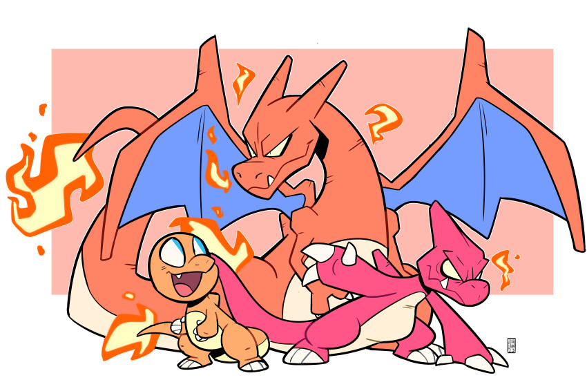 absurdres, border, charizard, charmander, charmeleon, claws, closed_mouth, evolutionary_line