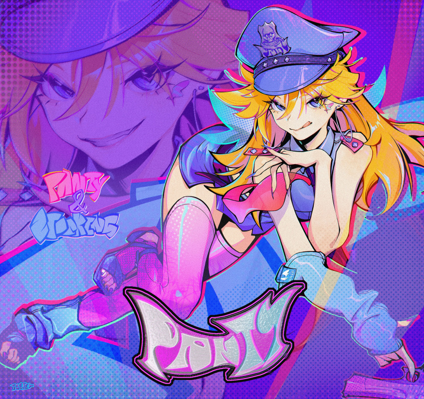 1girl, :q, absurdres, arm_warmers, artist_name, blonde_hair, blue_eyes, blue_hat
