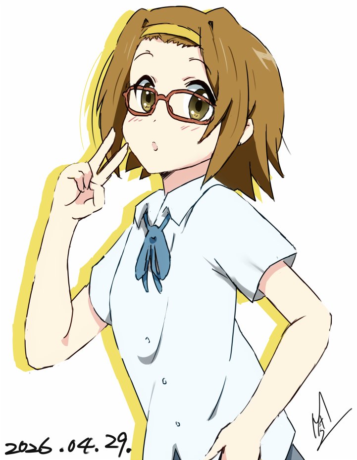 :o, blue_ribbon, blue_skirt, brown_eyes, brown_hair, collared_shirt, commentary_request, dated, from_side, glasses, hairband, k-on!, looking_at_viewer, ma-2_(konkon_kitakitsune), neck_ribbon, pleated_skirt, raised_eyebrows, ribbon, sakuragaoka_high_school_uniform, school_uniform, shirt, short_hair, signature, simple_background, skirt, summer_uniform, tainaka_ritsu, v, white_background, white_shirt, yellow_hairband, yellow_shadow