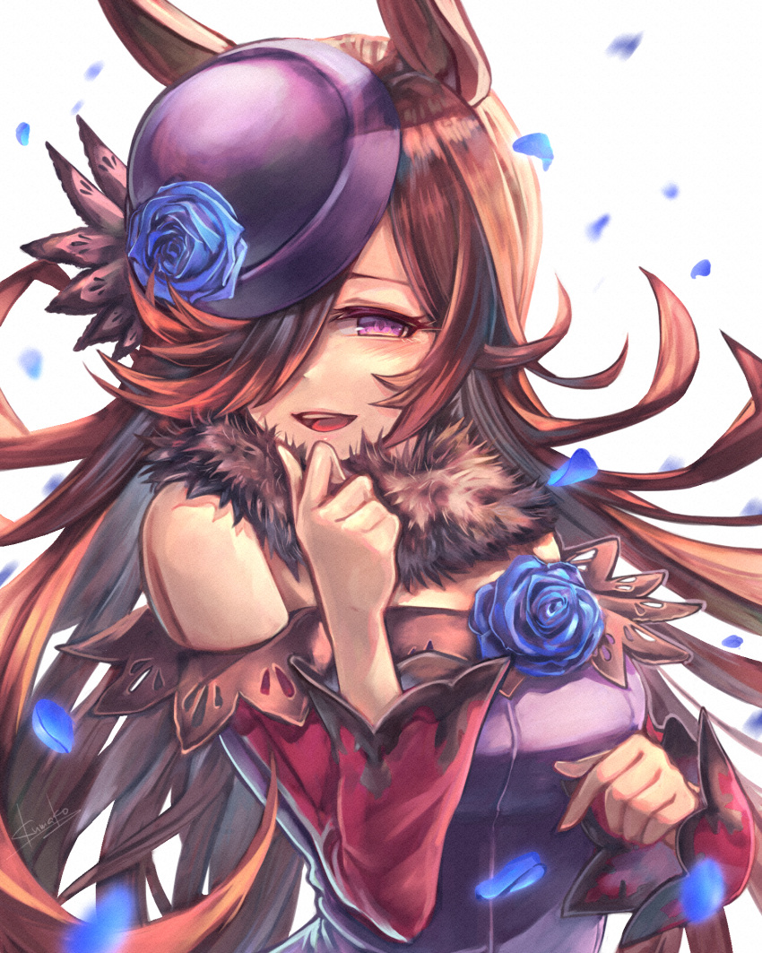 1girl, animal_ears, bare_shoulders, blue_dress, blue_flower, blue_hat, blue_rose, blush