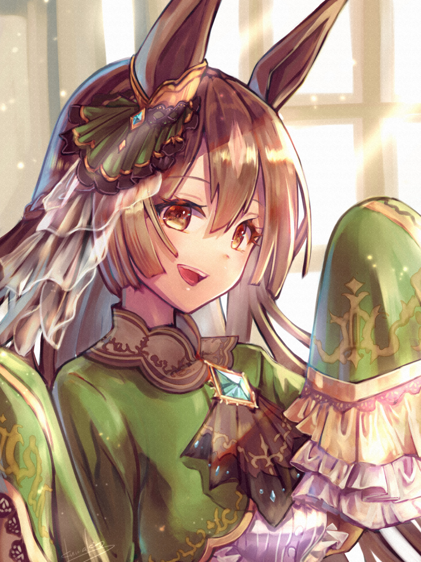 1girl, absurdres, animal_ears, ascot, blush, braid, breasts, brown_ascot