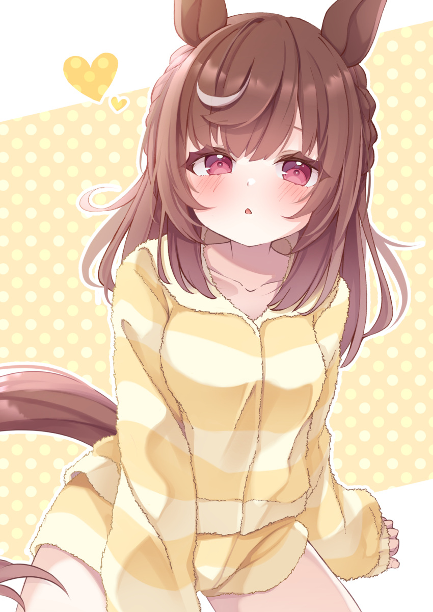 1girl, animal_ears, blush, braid, brown_hair, brown_tail, buena_vista_(umamusume), collarbone