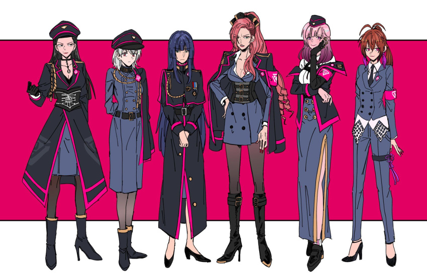 6+girls, adaya_kanaria, adjusting_sleeves, aohitsugi_nemu, armband, belt, belted_coat, belted_jacket, black_hair, blue_hair, breasts, brown_hair, buttons, chest_belt, collar_tug, collarbone, corset, ear_cuffs, full_body, garrison_cap, hat, high_heels, highres, hime_cut, hypnosis_mic, kadenokoji_ichijiku, keitoin_honobono, kotonohatoh, kotonohatoh_uniform, lapel_pin, long_sleeves, multiple_girls, necktie, pantyhose, pink_armband, pink_hair, pink_trim, tohoten_otome