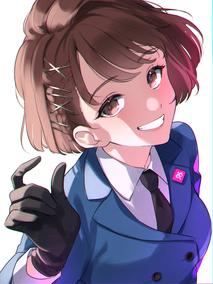 1girl, amatsumi_inori, black_gloves, blue_jacket, bob_cut, bow, brown_hair, buttons
