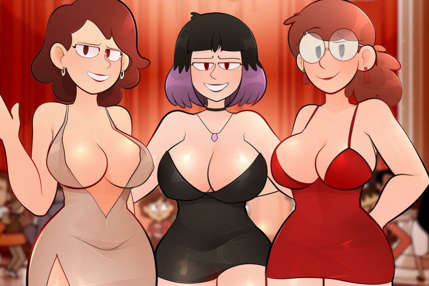 arkeus, arkeus_165, black_dress, breasts, david's_mom_(hilda), dress, ear_piercing, earrings, hilda_(series), huge_breasts, human_only, jewelry, johanna_(hilda), kaisa_(hilda), large_breasts, lipstick, makeup, mature_female, necklace, nightgown, piercing, ponytail, red_dress, standing, wide_hips