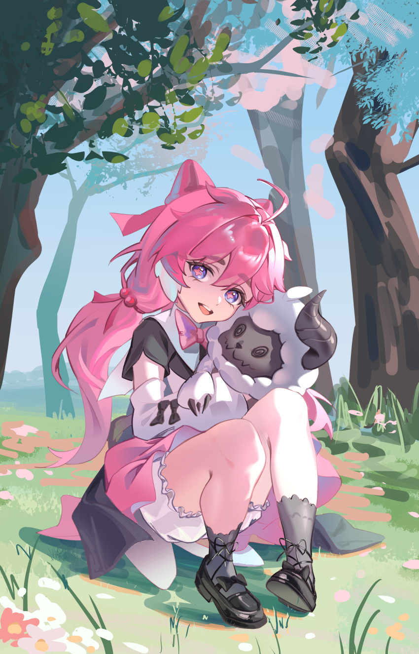 1girl, absurdres, ahoge, animal, black_bow, black_dress, black_shoes, bow, bowtie, chinese_commentary, cloudy_(wuthering_waves), commentary_request, cross-shaped_pupils, detached_sleeves, dress, encore_(wuthering_waves), full_body, grey_socks, highres, holding, holding_animal, hundun_hdun, legs, long_hair, looking_at_viewer, multicolored_dress, open_mouth, outdoors, pink_bow, pink_bowtie, pink_hair, pink_pupils, sheep, shoes, sitting, sleeveless, sleeveless_dress, socks, symbol-shaped_pupils, teeth, tree, two-tone_dress, upper_teeth_only, violet_eyes, white_dress, white_sleeves, wuthering_waves