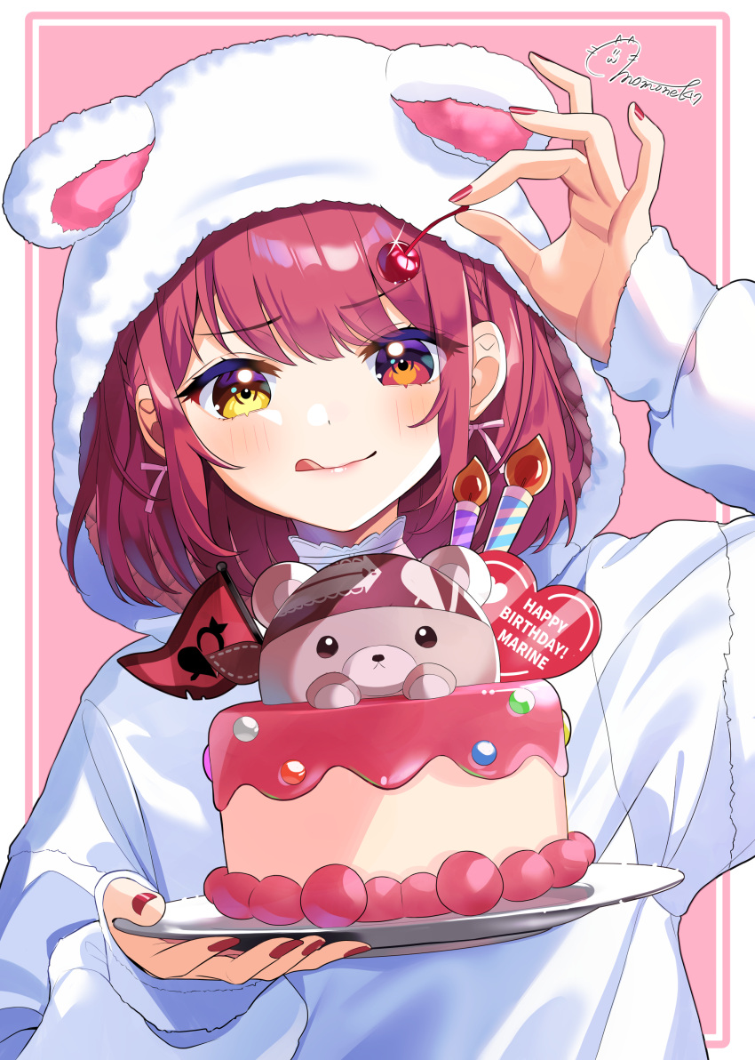 1girl, :q, absurdres, alternate_hair_length_(shorter), animal_hood, bear_hood, birthday, birthday_cake