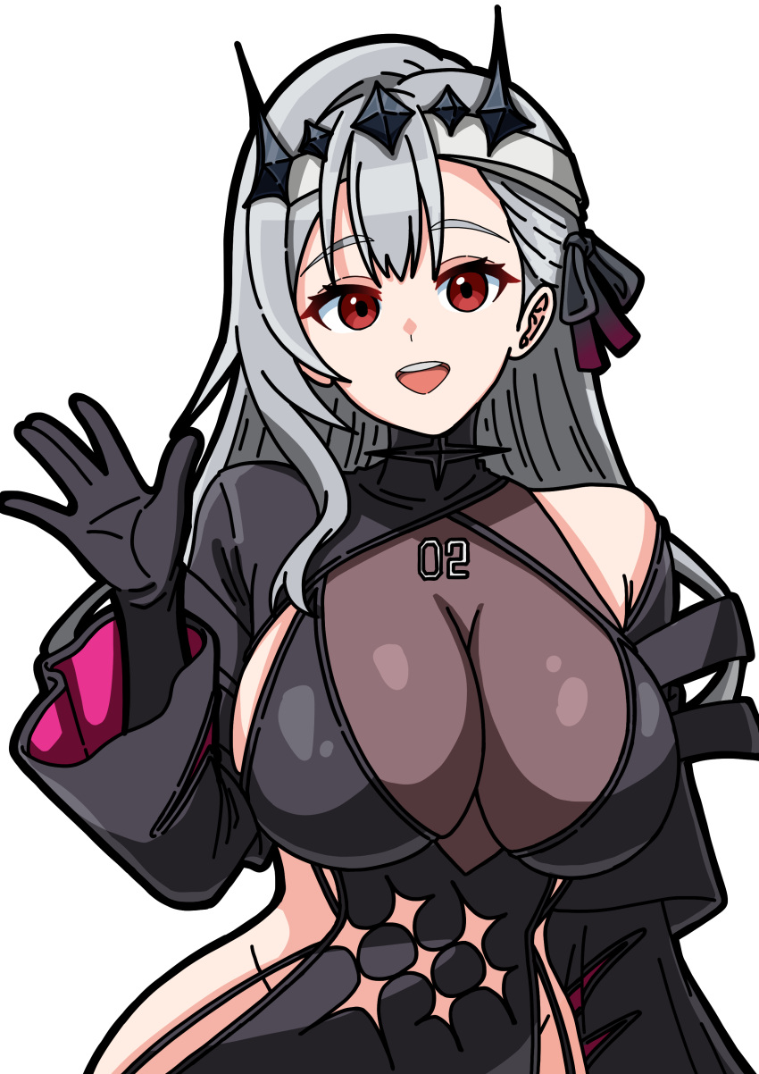 1girl, \||/, absurdres, black_dress, black_gloves, black_tiara, breasts, chiisu_(pixiv111973304), cleavage, cleavage_cutout, dress, gloves, goddess_of_victory:_nikke, grey_hair, groin, hair_between_eyes, highres, large_breasts, long_hair, long_sleeves, modernia_(nikke), modernia_(second_affection)_(nikke), official_alternate_costume, red_eyes, ribbon, see-through_cleavage, see-through_clothes, tiara