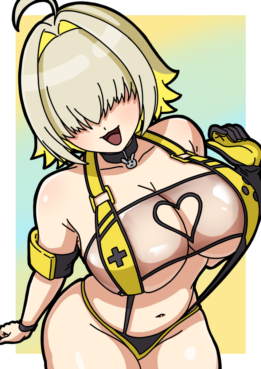 1girl, absurdres, ahoge, bikini, black_choker, blonde_hair, breasts, chiisu_(pixiv111973304), choker, clothing_cutout, elegg_(boom_and_shock)_(nikke), elegg_(nikke), gloves, goddess_of_victory:_nikke, hair_intakes, hair_over_eyes, heart_cutout, highres, huge_breasts, multicolored_gloves, multicolored_hair, navel, open_mouth, pendant_choker, short_hair, single_glove, skindentation, swimsuit, two-tone_background, two-tone_gloves, two-tone_hair, yellow_bikini