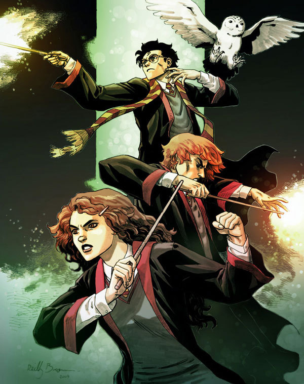 1girl, 1other, 2009, 2boys, bird, black_hair, black_robe, brown_hair, casting_spell, collared_shirt, curly_hair, dated, diagonal-striped_clothes, diagonal-striped_necktie, dynamic_pose, flying, gryffindor, hair_ornament, hairclip, harry_potter_(series), hedwig, hermione_granger, hogwarts_school_uniform, holding, holding_wand, long_hair, long_sleeves, magic, multiple_boys, necktie, owl, red_hair, reilly_brown, robe, ron_weasley, round_eyewear, scar, scar_on_face, scar_on_forehead, scarf, school_uniform, shirt, signature, striped_clothes, striped_necktie, striped_scarf, sweater, v-neck, wand, white_shirt, wizard, wizarding_world