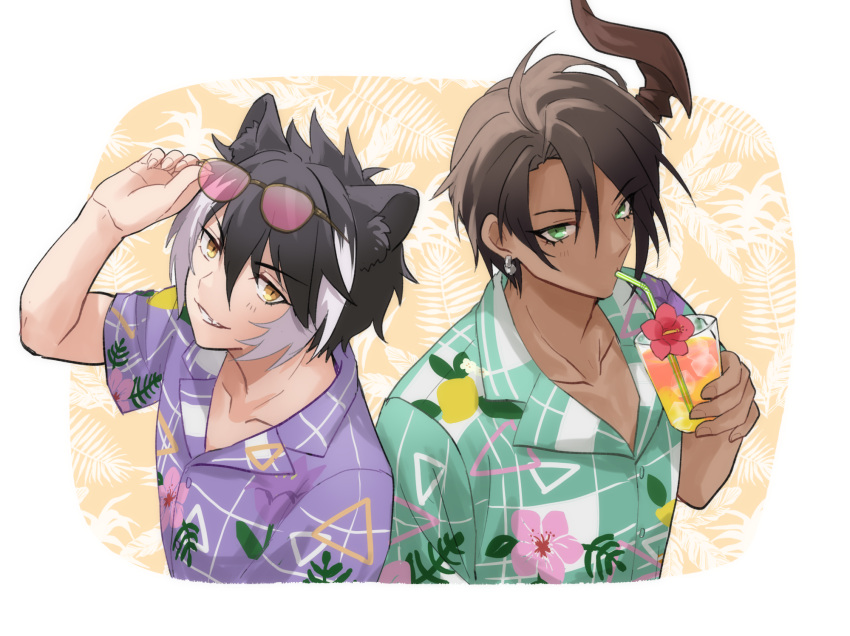2boys, adjusting_eyewear, animal_ears, aragami_oga, black_hair, brown_hair, collared_shirt, cropped_arm
