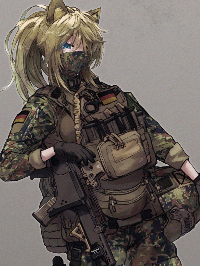 1girl, absurdres, animal_ear_fluff, animal_ears, assault_rifle, black_gloves, blonde_hair, blue_eyes