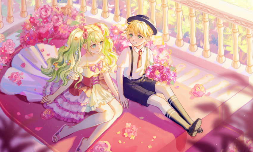 1boy, 1girl, absurdres, bare_shoulders, black_shorts, black_socks, blonde_hair, closed_mouth