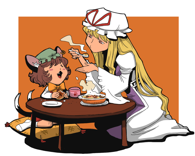 animal_ears, blonde_hair, blowing, bread, cat_ears, cat_tail, chen, eating