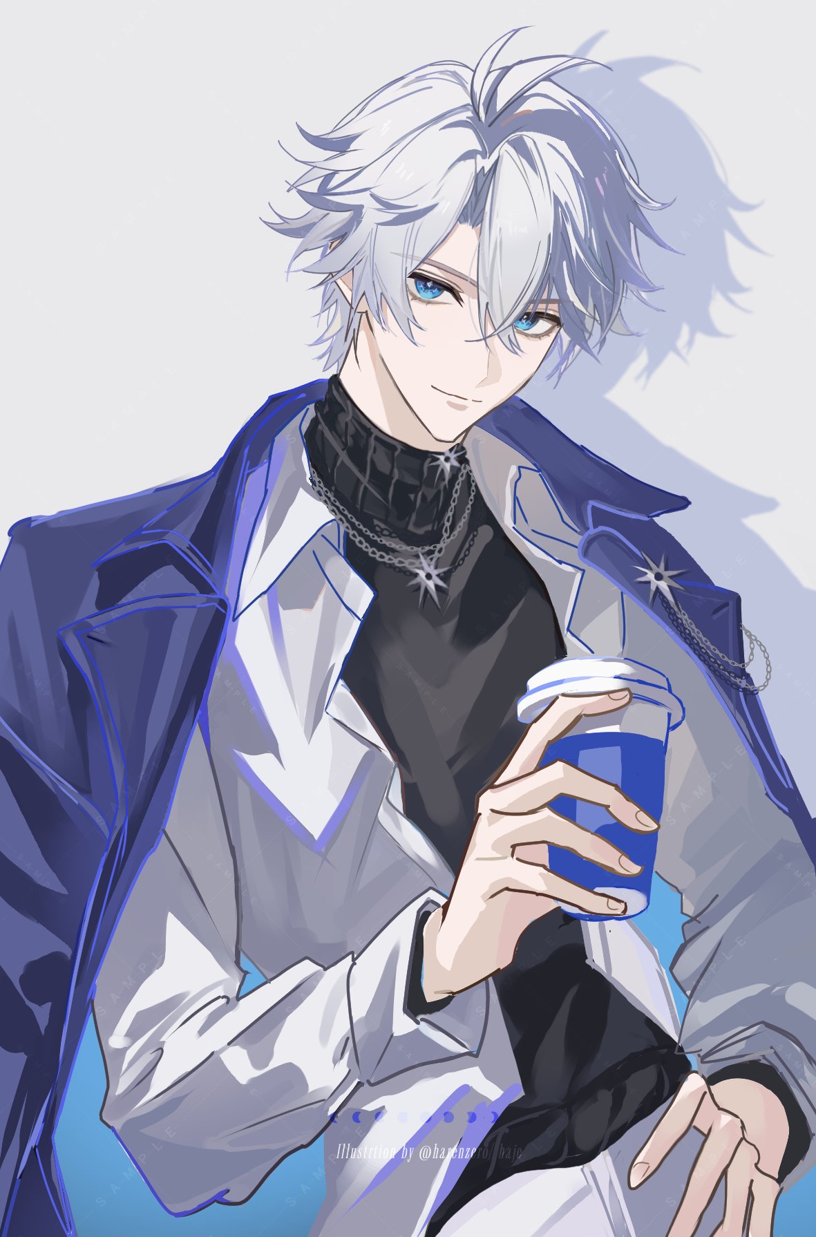 1boy, antenna_hair, black_sweater, blue_coat, blue_eyes, coat, collared_shirt, commentary_request
