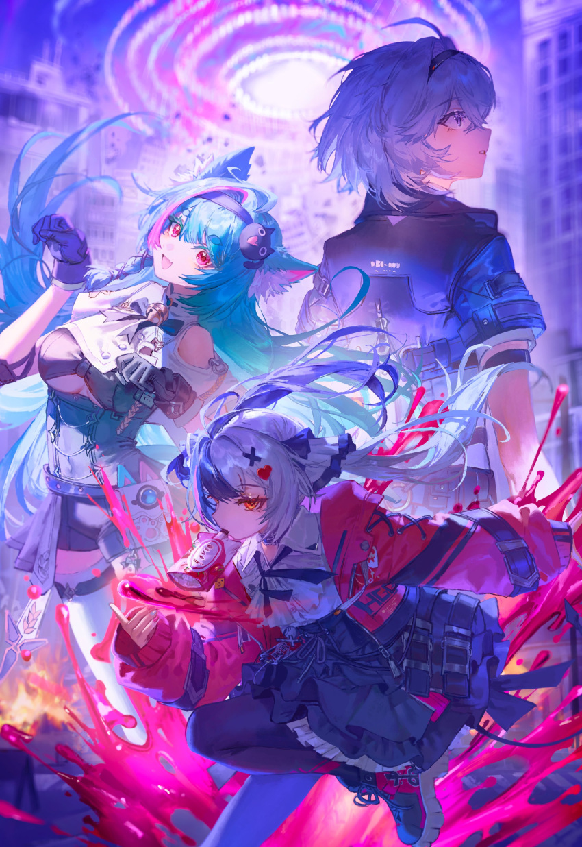 3girls, absurdres, animal_ear_fluff, animal_ears, aqua_hair, black_gloves, black_hair, black_pantyhose