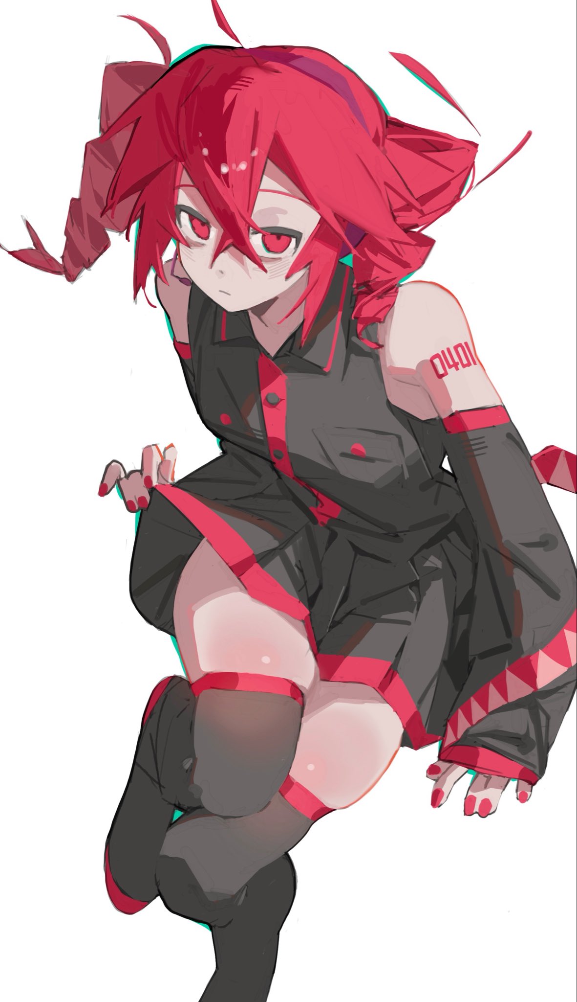 1girl, ahoge, bare_shoulders, black_boots, black_shirt, black_skirt, black_sleeves, boots