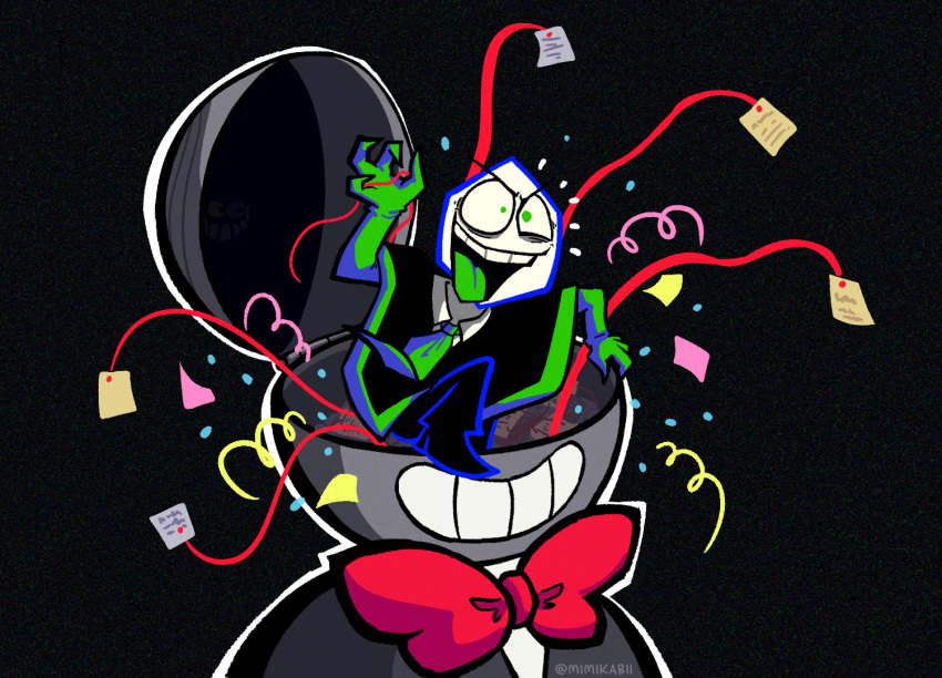 2boys, animated, animated_gif, artist_name, bags_under_eyes, black_background, black_poncho, bow