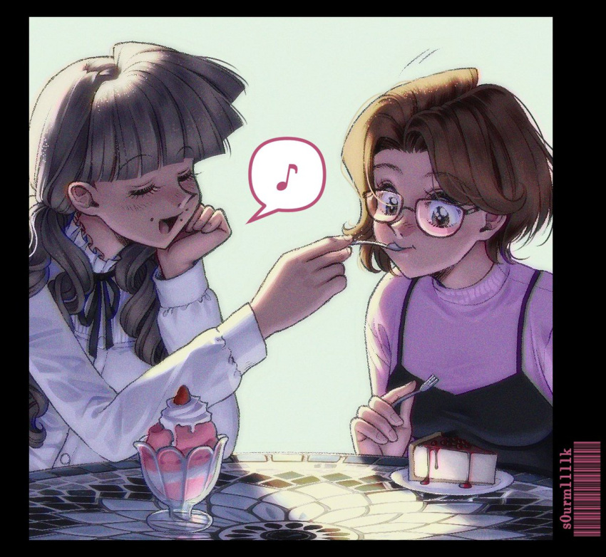 2girls, artist_name, barcode, black_border, black_camisole, black_ribbon, blunt_bangs, border, brown_eyes, brown_hair, cake, camisole, camisole_over_clothes, closed_eyes, commentary, commission, english_commentary, face_piercing, fear_&amp;_hunger_(series), fear_&amp;_hunger_2:_termina, feeding, food, food_request, fork, frilled_shirt_collar, frills, glasses, green_background, hand_on_own_cheek, hand_on_own_face, holding, holding_fork, long_hair, long_sleeves, marina_(fear_&amp;_hunger), mouth_piercing, multiple_girls, musical_note, neck_ribbon, olivia_(fear_&amp;_hunger), open_mouth, piercing, pink_shirt, ribbon, s0urm1111k, shirt, short_hair, spoken_musical_note, white_shirt