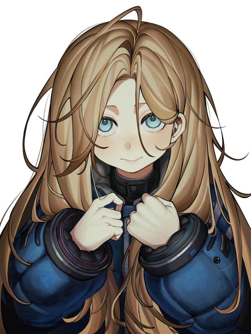 1girl, aqua_eyes, blonde_hair, blue_coat, blush, closed_mouth, coat, commentary