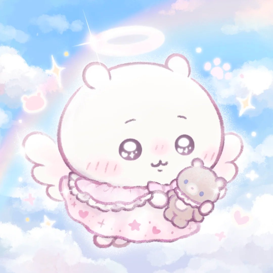 angel, angel_wings, blue_sky, chiikawa, chiikawa_(character), clouds, cloudy_sky, dress, glowing, glowing_halo, halo, holding, holding_stuffed_toy, kikicocono, paw_print, pink_dress, rainbow, sky, stuffed_animal, stuffed_toy, teddy_bear, wings
