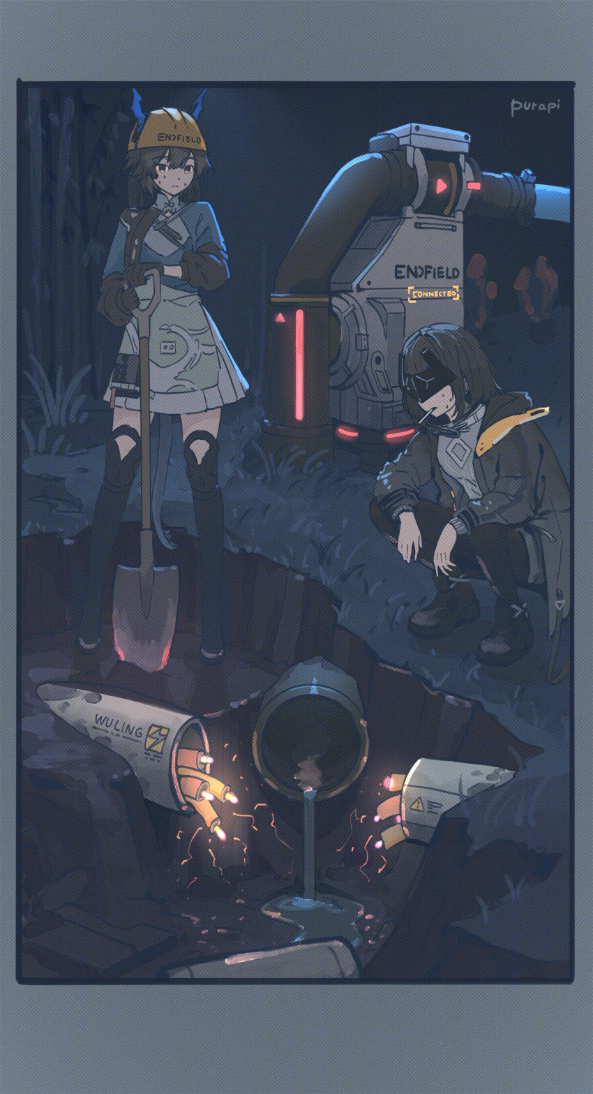 2girls, absurdres, arknights, arknights:_endfield, black_coat, black_gloves, black_hair, black_mask