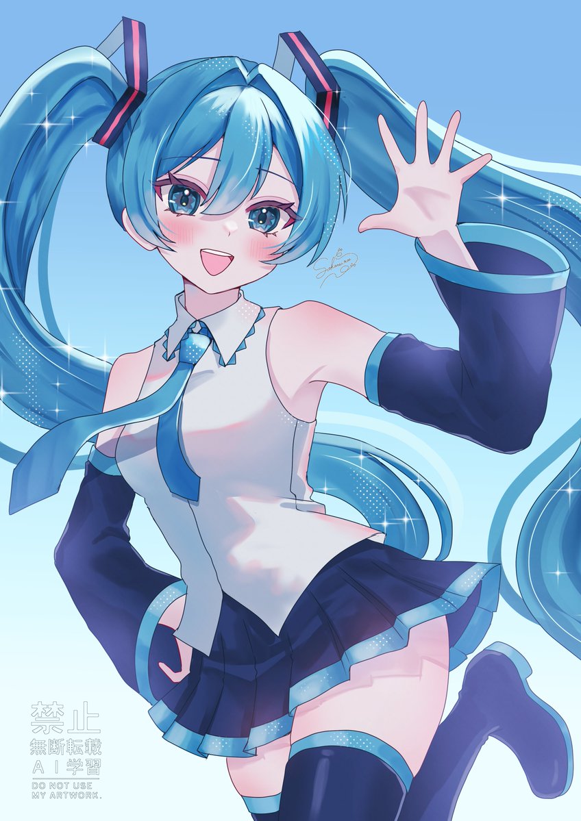 1girl, aqua_eyes, aqua_hair, aqua_necktie, bare_shoulders, black_boots, black_skirt, black_sleeves