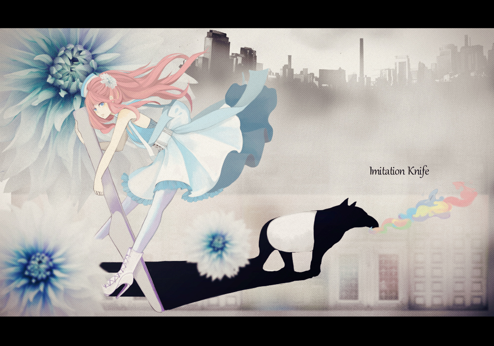 boots, building, dress, flower, hair_flower, hair_ornament, hie_(tom), knife, long_hair, megurine_luka, pantyhose, pink_hair, tapir, vocaloid, white_legwear