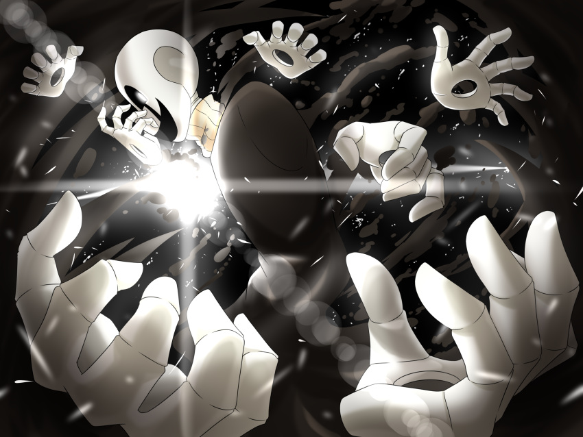 1boy, 2021, 2d, black_background, black_coat, coat, commentary, cracked_face, digital_media, english_commentary, extra_hands, farhanmelukis, from_side, highres, hole_in_hand, hollow_eyes, humanoid, light_particles, looking_at_viewer, looking_to_the_side, male, male_focus, male_only, monster, monster_boy, open_mouth, rayman_limbs, solo, sweater, turtleneck, turtleneck_sweater, undertale, uneven_eyes, utdr_(toby_fox), w.d._gaster, yellow_sweater