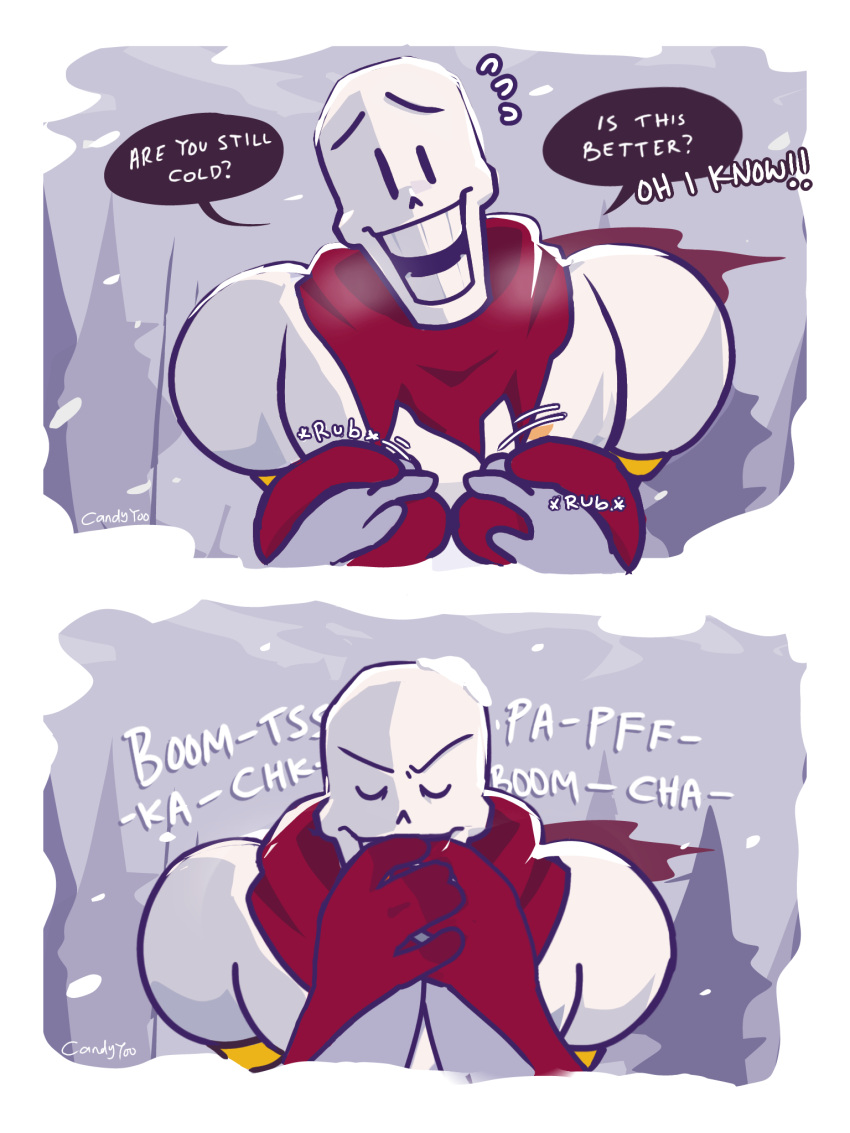 1boy, 1other, 2024, 2d, armor, artist_name, beatboxing, border, candyyoo, cape, closed_eyes, commentary, cropped_torso, digital_media, english_commentary, english_text, facing_viewer, flying_sweatdrops, gloves, hands_on_another's_face, head_tilt, highres, holding_hands, humanoid, looking_at_viewer, male, male_focus, monster, monster_boy, motion_lines, open_mouth, other_pov, outdoors, papyrus_(undertale), pov, pov_hands, red_cape, red_gloves, simple_background, skeleton, snow, snow_on_head, snowing, solo_focus, sound_effects, speech_bubble, sweat, teeth, text, undead, undertale, uneven_eyes, utdr_(toby_fox), v-shaped_eyebrows, visible_air, white_armor, white_background, white_border, you're_doing_it_wrong, |_|