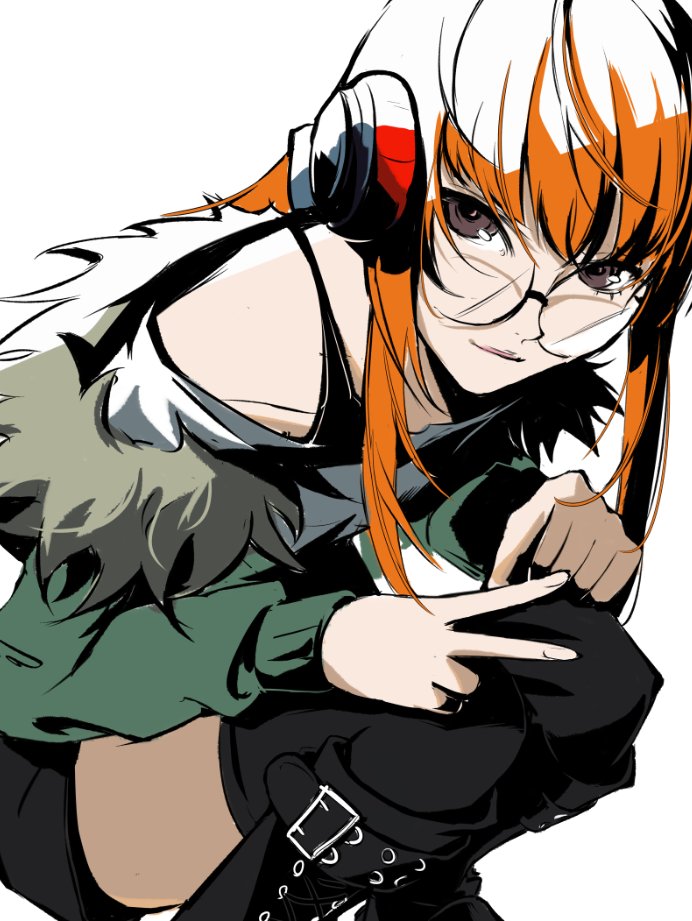 1girl, belt_buckle, black_boots, black_bra, black_shorts, black_thighhighs, boots, bra, brown_eyes, buckle, fur-trimmed_jacket, fur_trim, glasses, green_jacket, headphones, jacket, junoracle, long_hair, orange_hair, persona, persona_5, sakura_futaba, shorts, sidelocks, solo, squatting, thigh-highs, underwear, unfinished, v, white_background