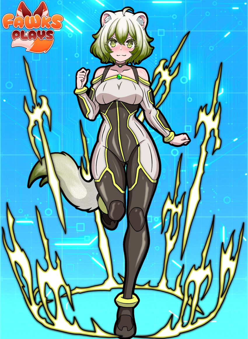 1girl, ahoge, animal_ears, black_bodysuit, blue_background, blush, bodysuit, breasts, fawksplays, ferret_ears, ferret_girl, ferret_tail, full_body, gradient_hair, gradient_tail, green_eyes, green_hair, green_tail, hair_between_eyes, highres, indie_virtual_youtuber, limealicious, looking_at_viewer, medium_breasts, multicolored_bodysuit, multicolored_hair, short_hair, standing, standing_on_one_leg, two-tone_bodysuit, vinesauce, virtual_youtuber, white_hair, white_tail