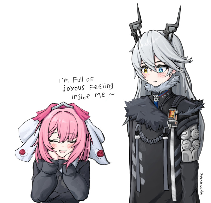 2girls, black_horns, blue_coat, blue_eyes, breasts, coat, commentary, english_commentary, english_text, falkenhayn_mercenary_leader_(zenless_zone_zero), grey_hair, heterochromia, highres, horns, large_breasts, long_hair, looking_at_another, medium_hair, multiple_girls, pandegalihhh, pink_hair, simple_background, smile, sunbringer_(zenless_zone_zero), veil, very_long_hair, white_veil, yellow_eyes, zenless_zone_zero