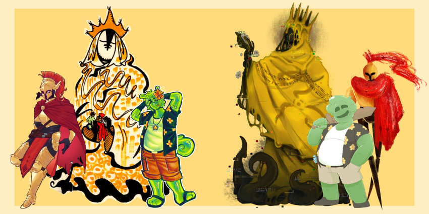 2others, 4boys, akisenrespect, ambiguous_gender, armor, artist_collaboration, averythemayo, black_shirt, breastplate, cape, cloak, colored_skin, corinthian_helmet, crown, d3rlord3, doppy_enjo, eldritch_abomination, full_body, glitch, green_skin, hand_in_pocket, hawaiian_shirt, highres, holding, holding_sword, holding_weapon, hood, hood_up, hooded_cloak, ishouldgowork, kiwissssssszs, knight, monster_boy, multiple_boys, multiple_others, neocordz, over_shoulder, red_cape, sandals, searching_for_a_world_that_doesn't_exist, shirt, shoulder_armor, slime_boy, smirky_cat, sword, tentacles, the_king_in_yellow_(searching_for_a_world_that_doesn't_exist), weapon, weapon_over_shoulder, white_shirt, yellow_cloak