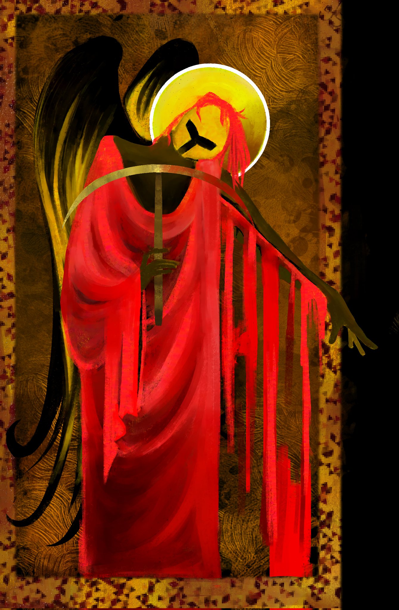 1boy, abstract, cloak, corinthian_helmet, corruption, d3rlord3, faceless, full_body