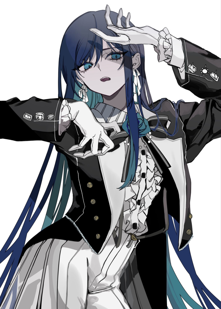 1girl, ado_(utaite), arm_up, black_jacket, blue_eyes, blue_hair, center_frills, chando_(ado)