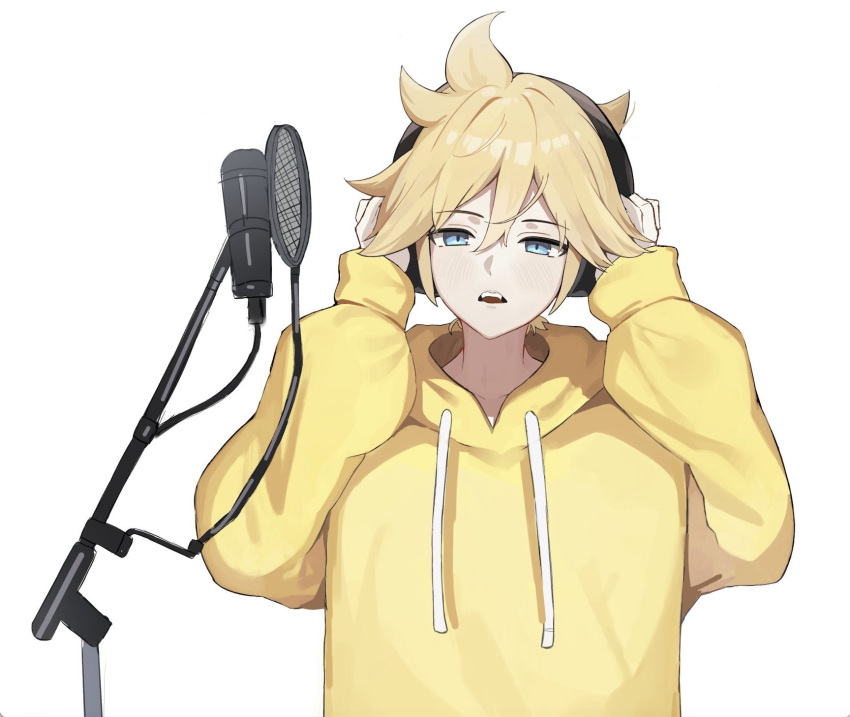 1boy, arms_up, blonde_hair, blue_eyes, cropped, double-parted_bangs, drawstring, elpuchi